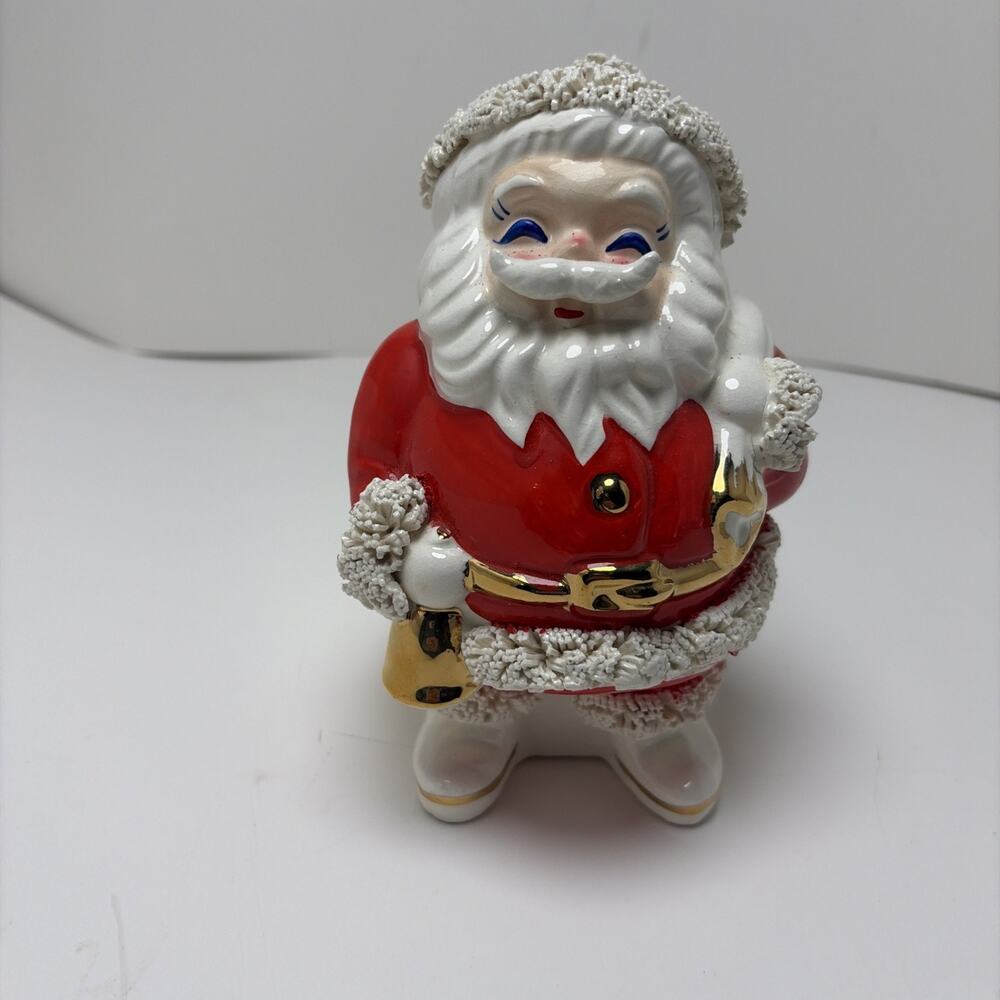 VTG 1950's SANTA CLAUS Japan Mustache Ceramic BLUE EYES Spaghetti Trim COIN BANK